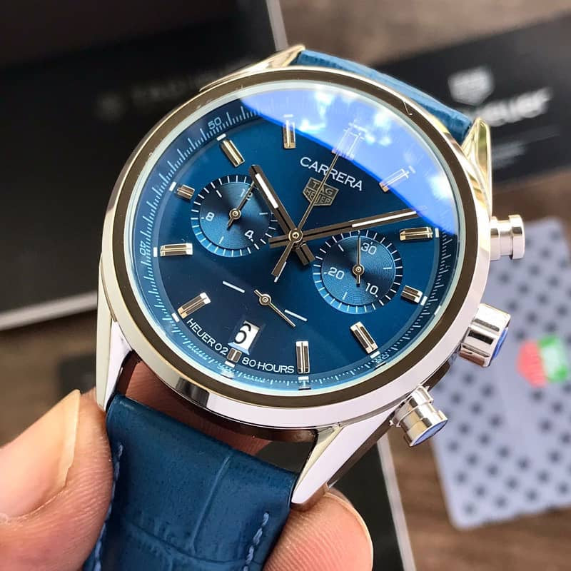 Tag Heuer Grand Carrera Blue Dial & Blue Leather Strap Japanese Master Quality Men’s Watch — zoomed view