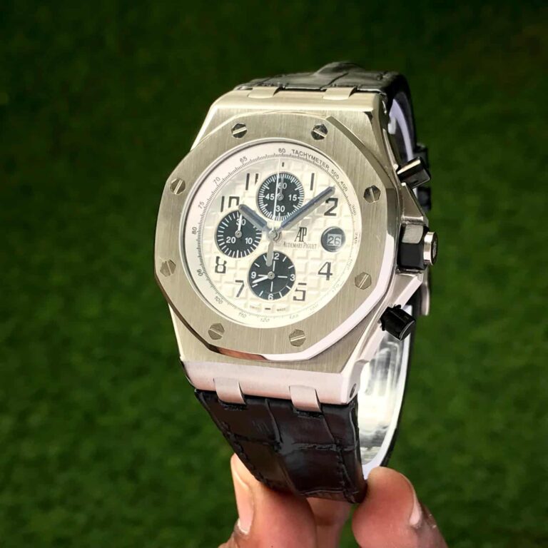 Audemars Piguet Off Shore Chronograph’s Black Leather Strap White Dial Mens Watch