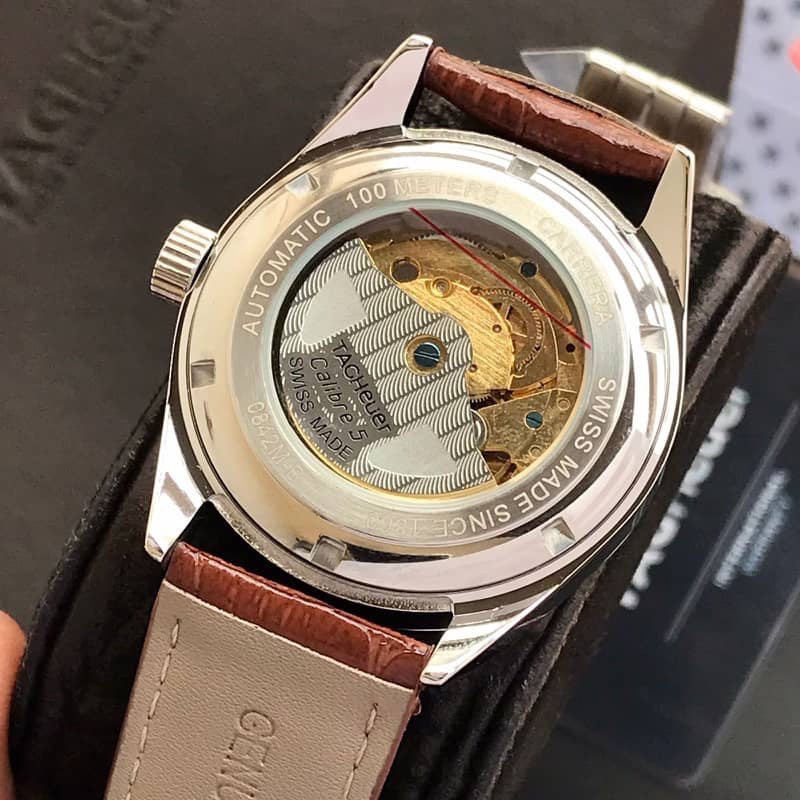 Tag Heuer Grand Carrera Calibre 5 Day Date White & Silver Dial & Brown Leather Strap Swiss Japanese Automatic Machinery Mens Watch