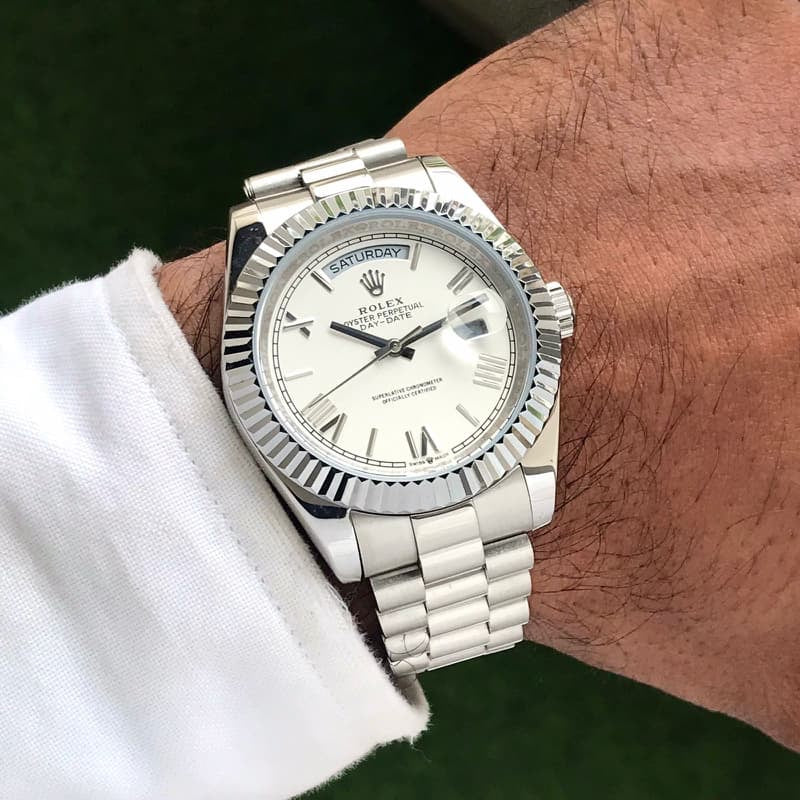 Rolex Day Date 41 Stainless Steel White Dial Japanese Master Quality Mens Watch — zoomed view