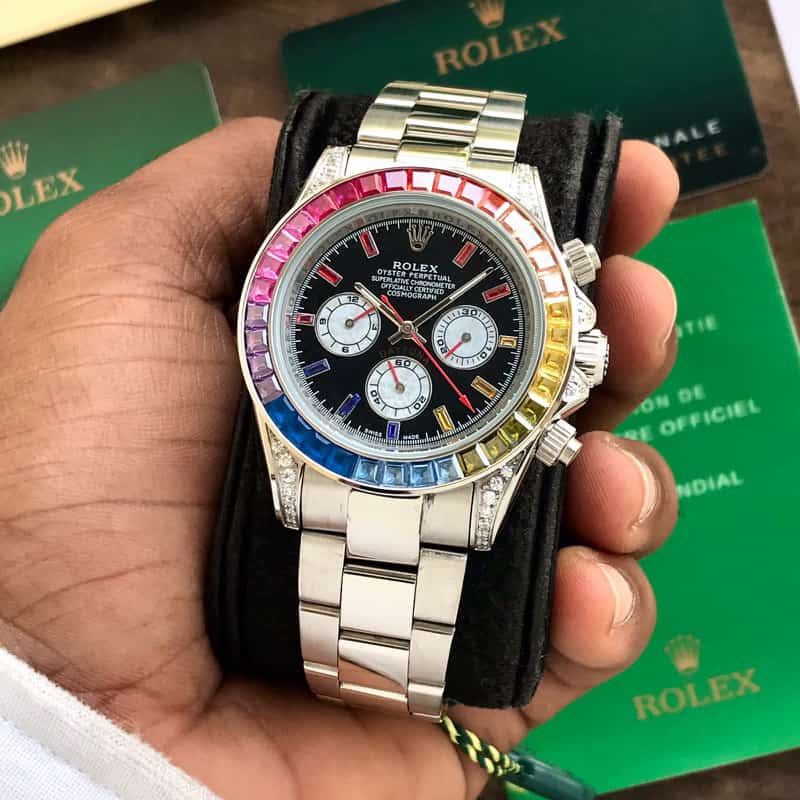Rolex Daytona Rainbow Stainless Steel Japanese Automatic Mens Watch — zoomed view