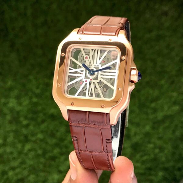 Cartier Santos De Skeleton Brown Leather Strap Automatic Mens Watch