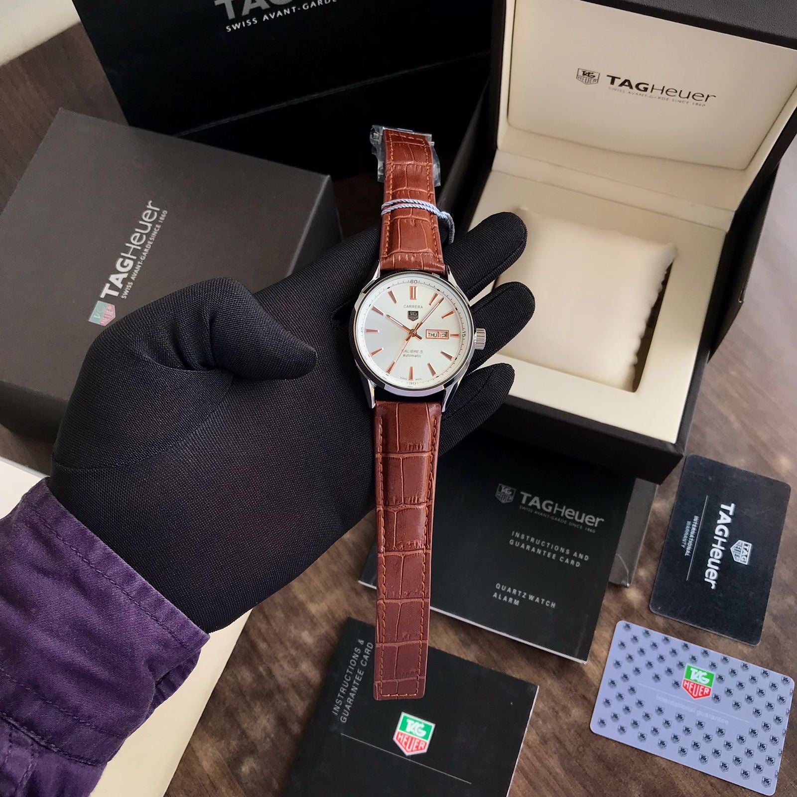 Tag Heuer Grand Carrera Calibre 5 Day Date White Copper Dial & Brown Leather Strap Swiss Japanese Automatic Machinery Mens Watch