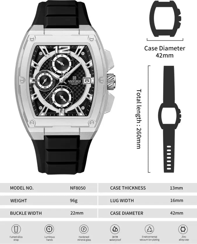 NAVIFORCE  Silver and black chronograph dial with soft stylish silicon strap Analog Watch - For Men NF8050 NF8050 Barrel-Shaped Case Waterproof