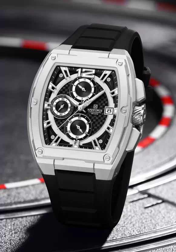 NAVIFORCE  Silver and black chronograph dial with soft stylish silicon strap Analog Watch - For Men NF8050 NF8050 Barrel-Shaped Case Waterproof