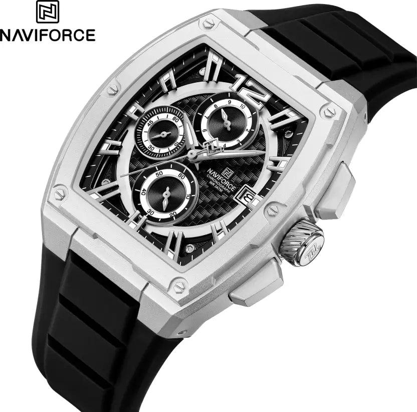 NAVIFORCE  Silver and black chronograph dial with soft stylish silicon strap Analog Watch - For Men NF8050 NF8050 Barrel-Shaped Case Waterproof
