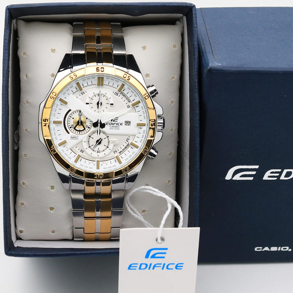 Casio Edifice Chronograph Watch With Multicolor Stainless steel Strap With Multiple Dial To World Times Men's Watch White And Gold CaseEFR-547sg-7a9 EFR-887