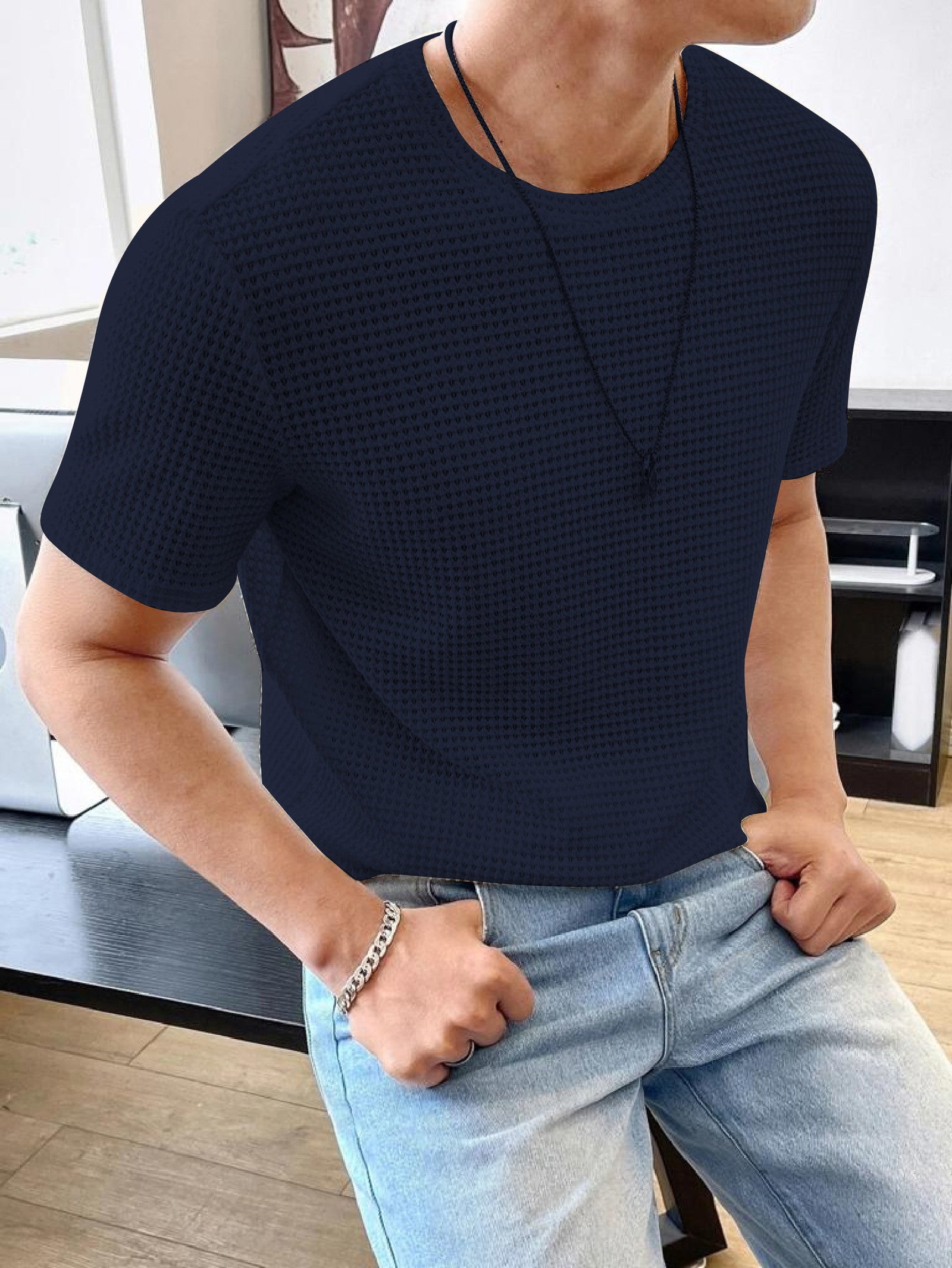 Waffle Navy Blue Hlaf sleeve Men T-Shirt — zoomed view