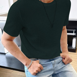 Men Solid Round Neck Waffle Dark Green T-Shirt