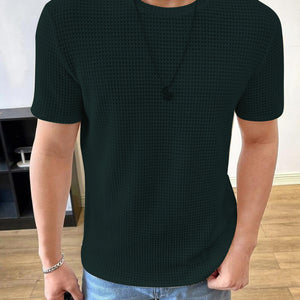 Men Solid Round Neck Waffle Dark Green T-Shirt