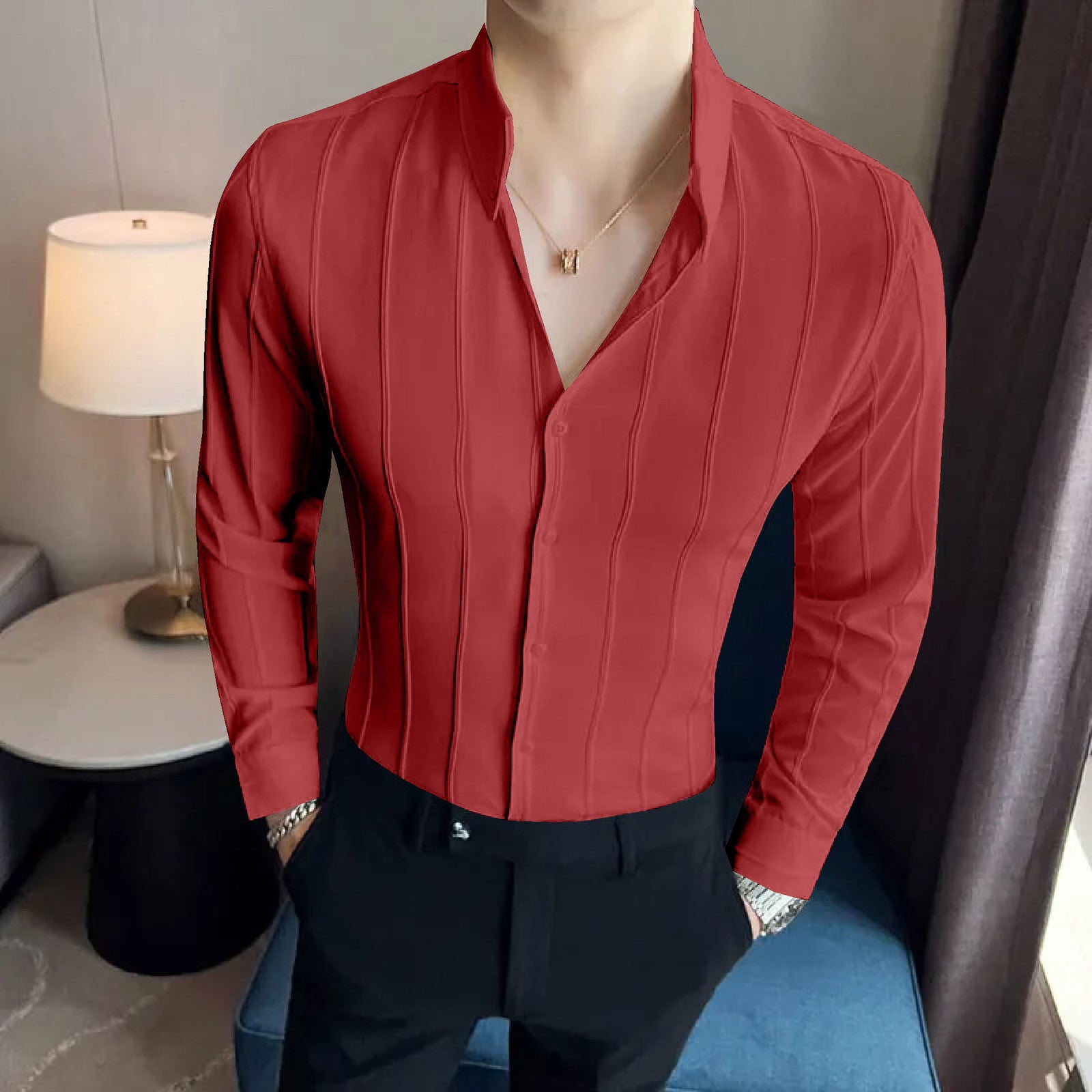 Assemblage Red Striped Premium Shirt — zoomed view