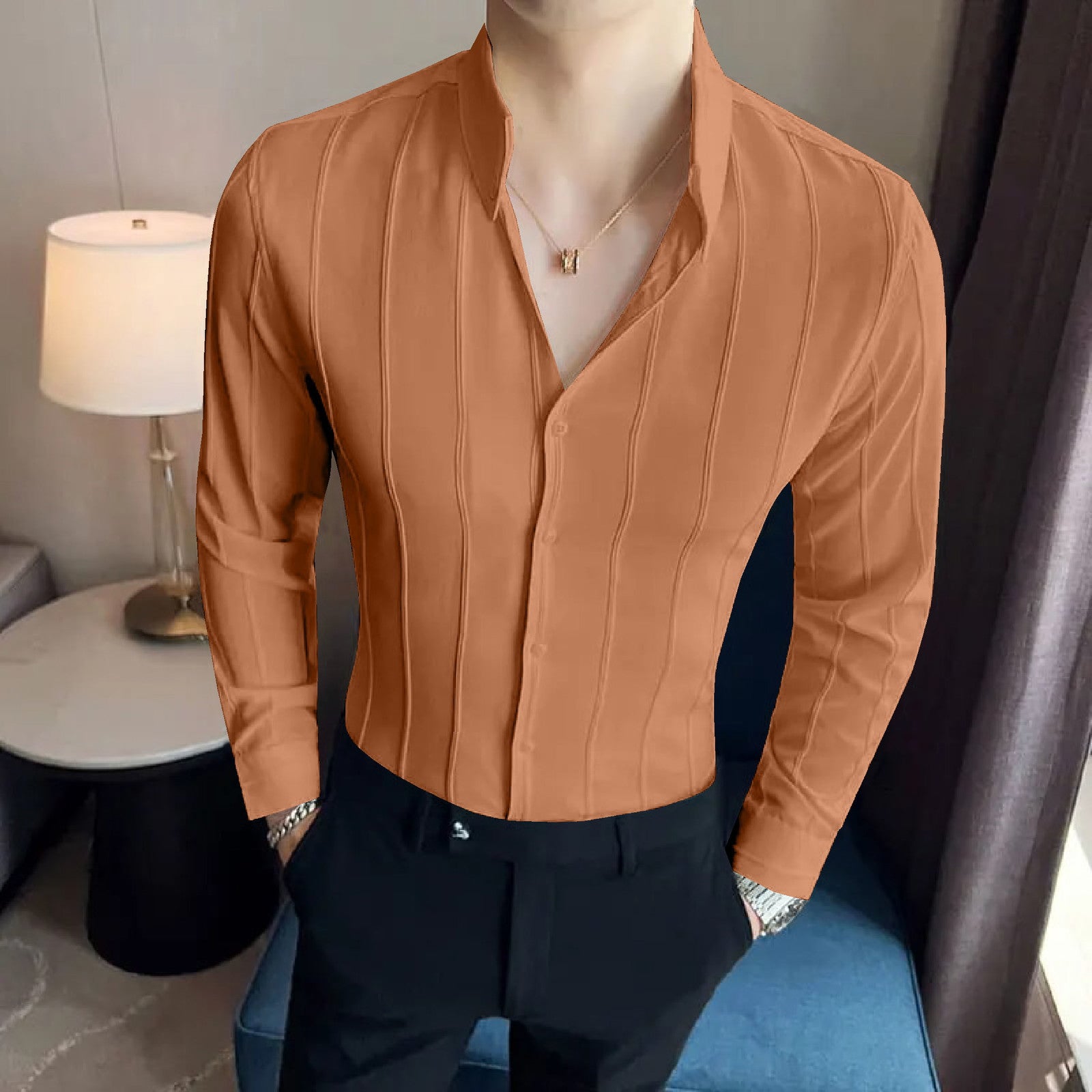 Excursive Brown Striped Premium Shirt — zoomed view