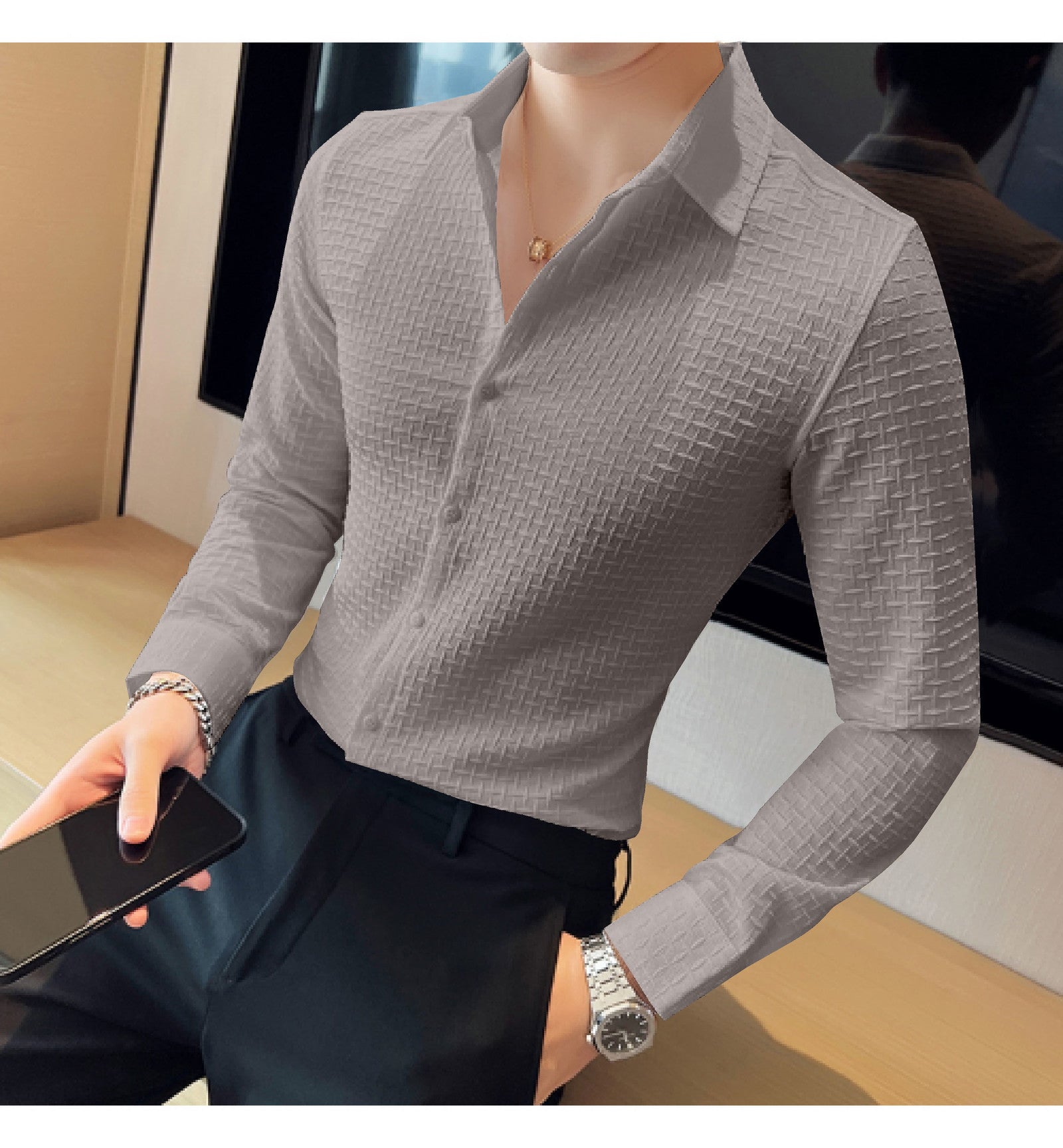 Grey Checks Structured Premium Shirt — zoomed view