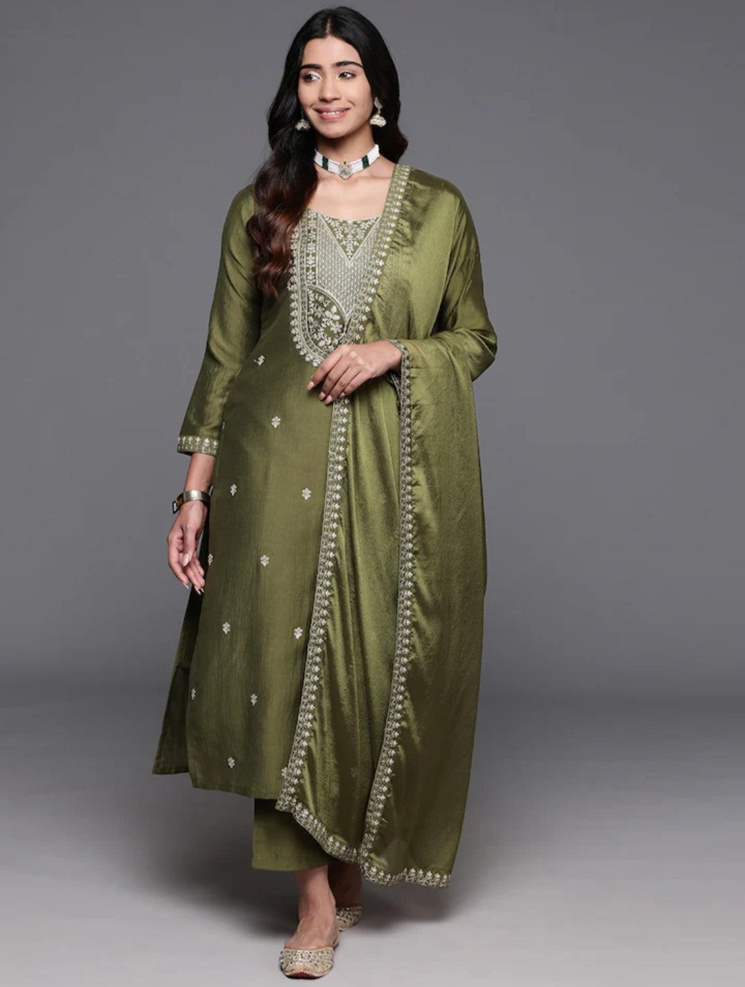 Mehndi Color Embroidered Women wear Kurta set with bottom wear and dupatta — zoomed view