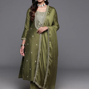 Mehndi Color Embroidered Women wear Kurta set with bottom wear and dupatta