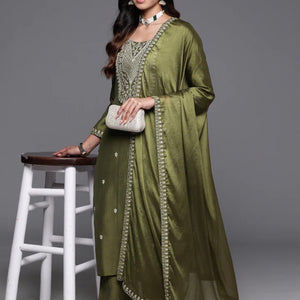 Mehndi Color Embroidered Women wear Kurta set with bottom wear and dupatta