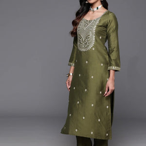 Mehndi Color Embroidered Women wear Kurta set with bottom wear and dupatta