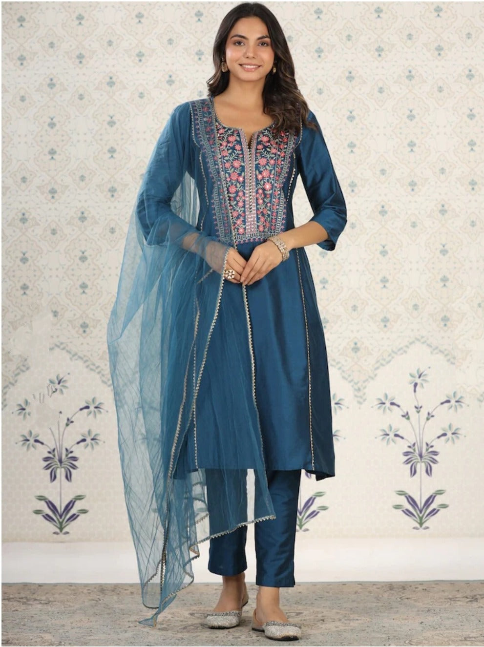 Beautiful Petrol Embroidered Kurta Set with Bottom Wear and Dupatta — zoomed view