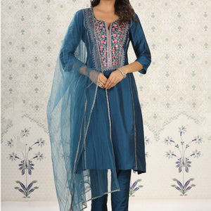 Beautiful Petrol Embroidered Kurta Set with Bottom Wear and Dupatta