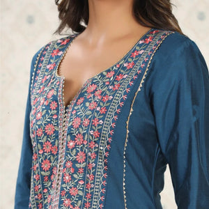 Beautiful Petrol Embroidered Kurta Set with Bottom Wear and Dupatta