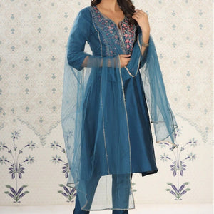 Beautiful Petrol Embroidered Kurta Set with Bottom Wear and Dupatta