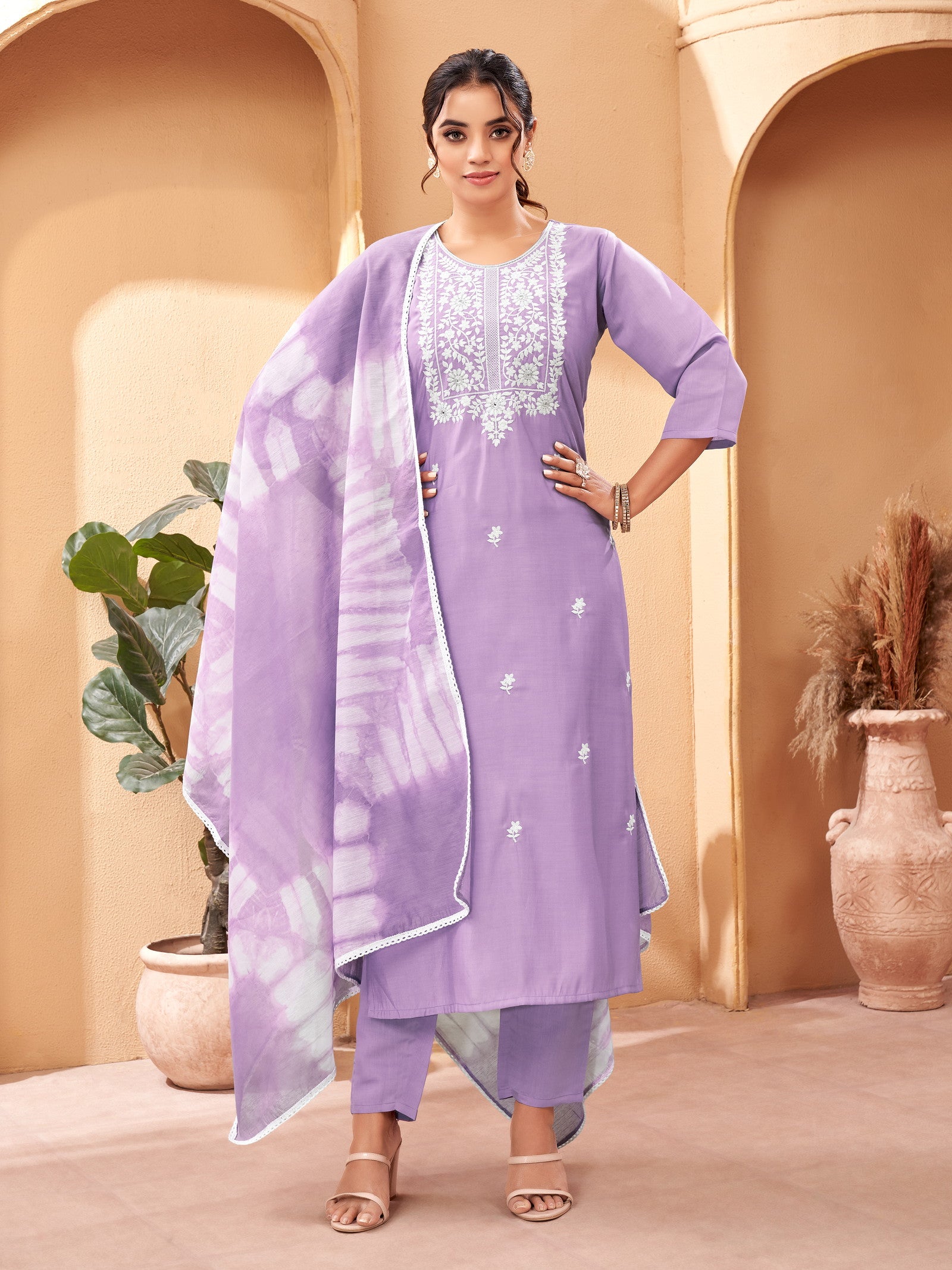 Beautiful and Simple Lavender colour Embroidered Kurta set With Bottom and Dupatta — zoomed view