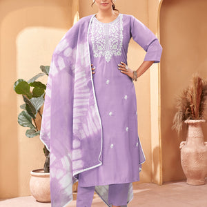 Beautiful and Simple Lavender colour Embroidered Kurta set With Bottom and Dupatta