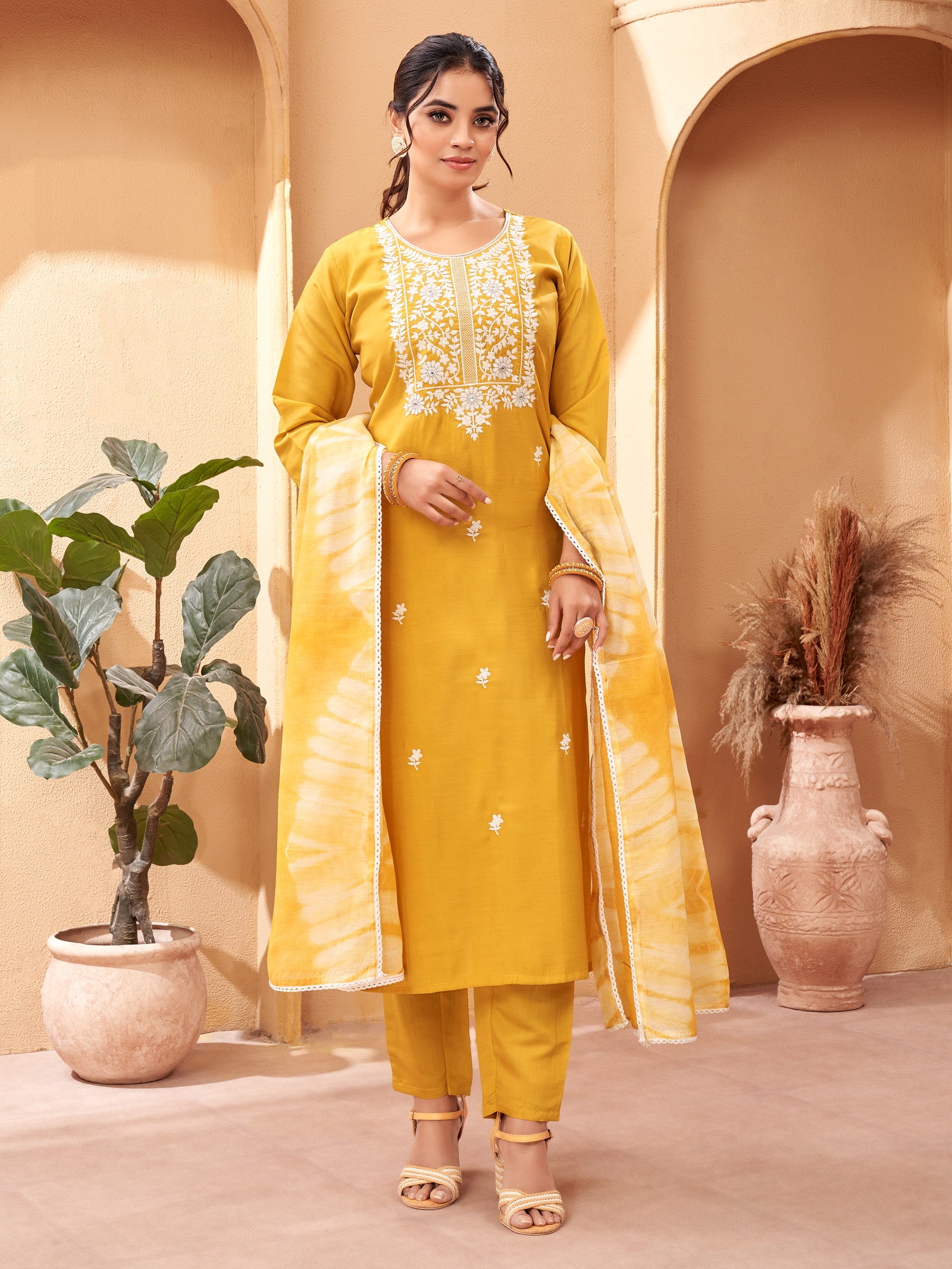 Mustard Yellow Simple Beautiful Kurta Set with Bottom and Dupatta — zoomed view