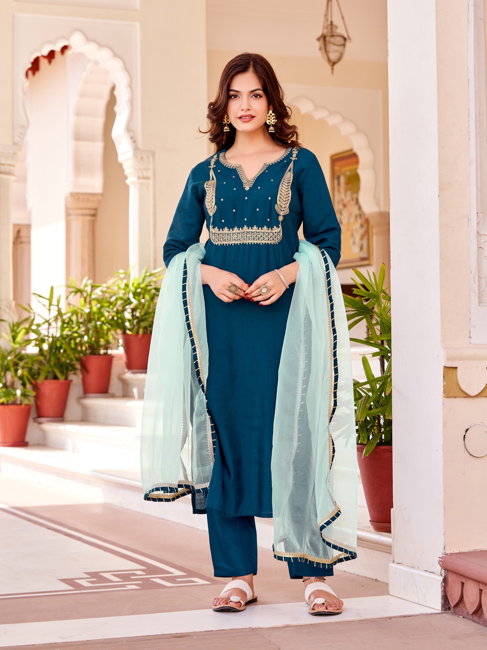 Women's Beautiful Petrol Colour Kurta With Pant And  Dupatta — zoomed view