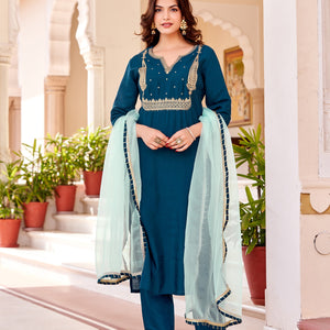 Women's Beautiful Petrol Colour Kurta With Pant And  Dupatta