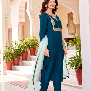 Women's Beautiful Petrol Colour Kurta With Pant And  Dupatta