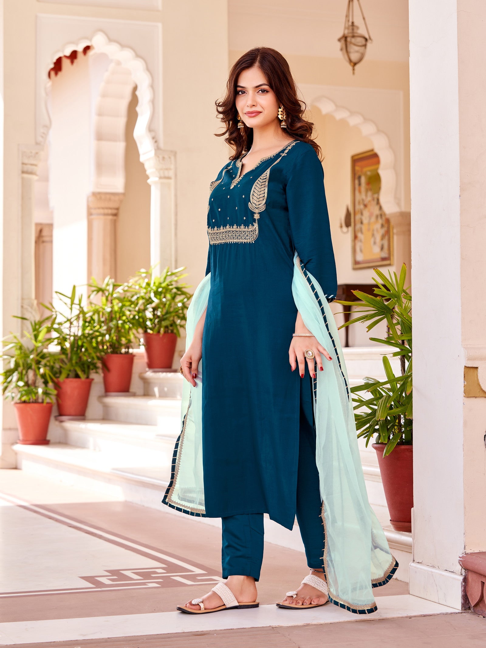 Women's Beautiful Petrol Colour Kurta With Pant And  Dupatta