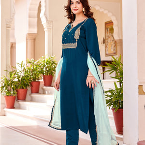 Women's Beautiful Petrol Colour Kurta With Pant And  Dupatta