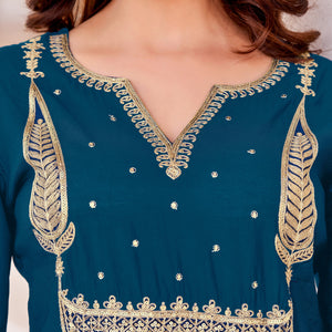 Women's Beautiful Petrol Colour Kurta With Pant And  Dupatta