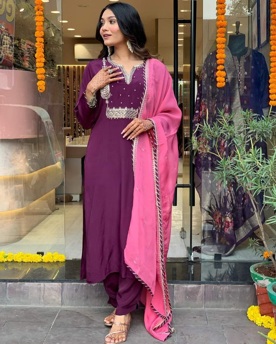 Women's Beautiful Wine Colour Kurta With Pant And Dupatta