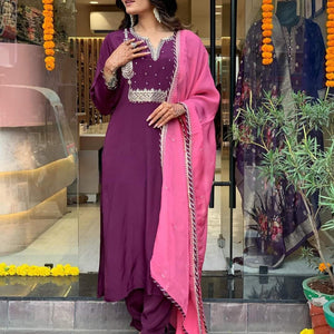 Women's Beautiful Wine Colour Kurta With Pant And Dupatta