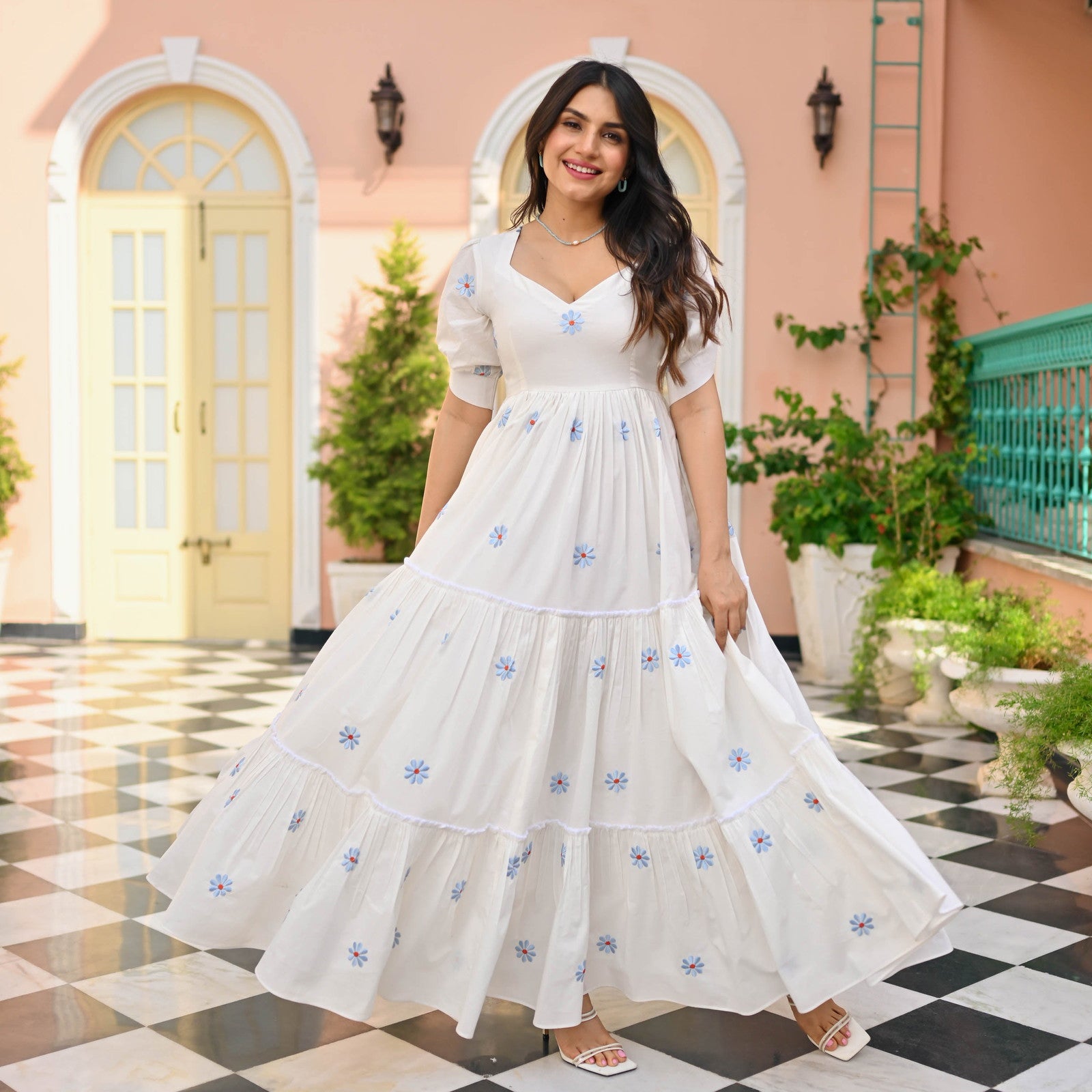 Women Floral Print Flaired Gown With Waist Elastic — zoomed view