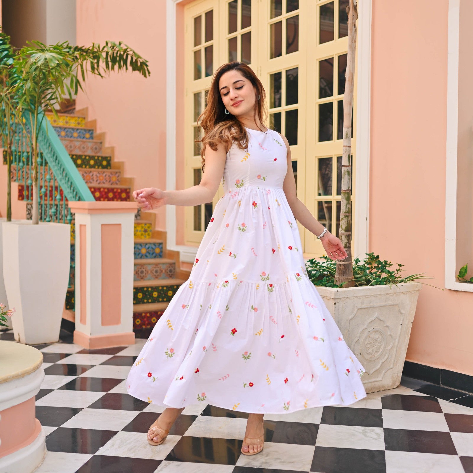 Beautiful Women Floral Print Flaired Gown With Waist Elastic — zoomed view