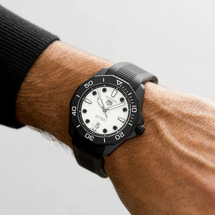 Tag Heuer Aquaracer Professional 300 Automatic White Dial Black Rubber Strap Watch for Men