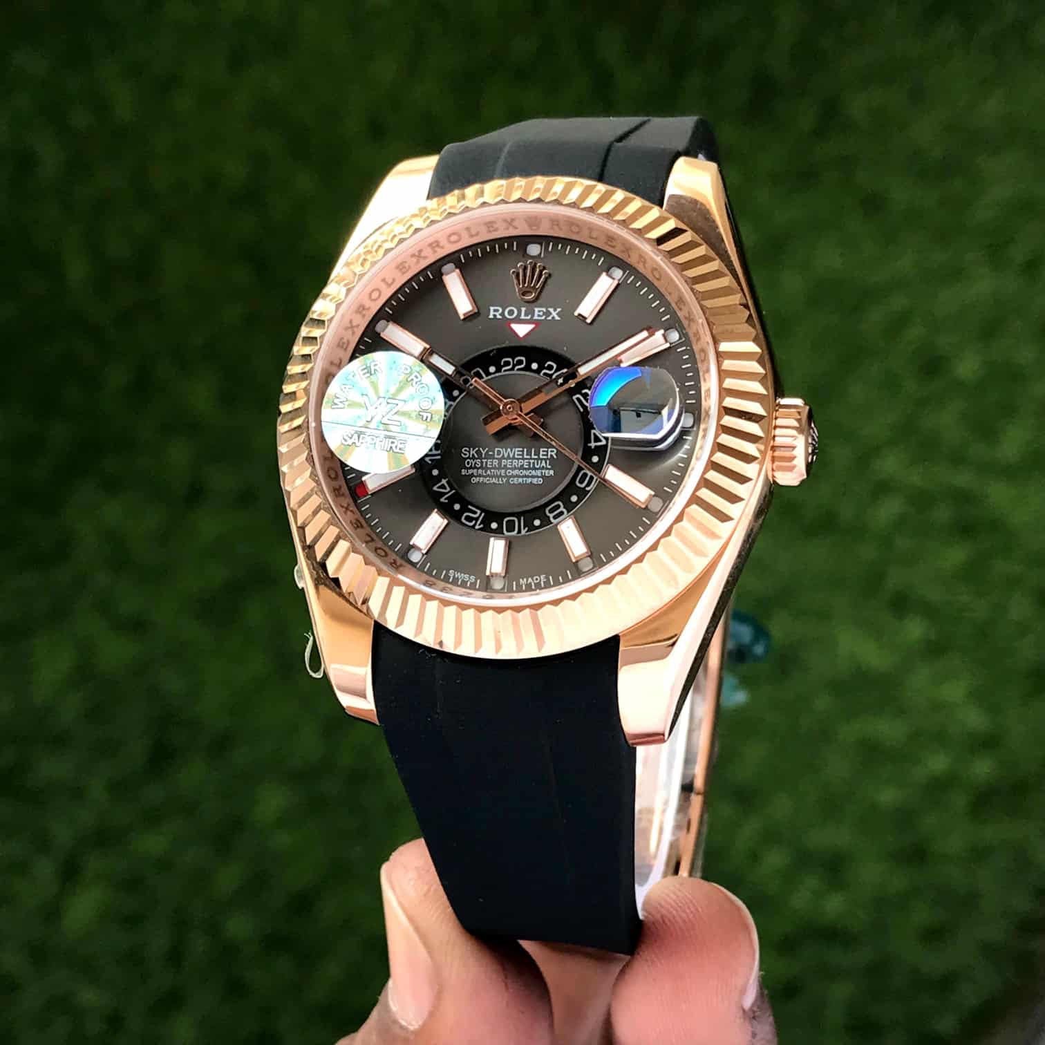 Rolex SkyDweller Grey Dial Black Fiber Belt Japanese Automatic Mens Watch — zoomed view