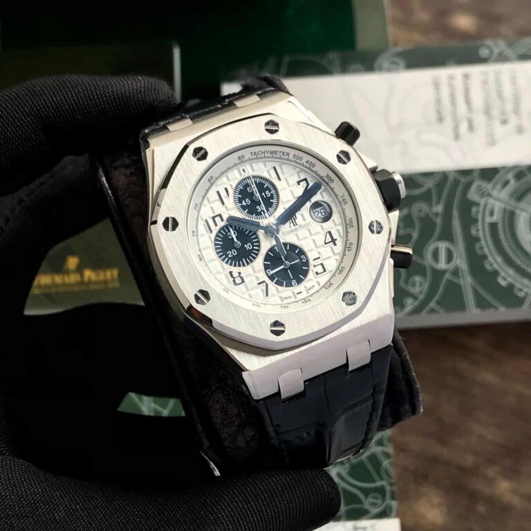 Audemars Piguet Off Shore Chronograph’s Black Leather Strap White Dial Mens Watch — zoomed view