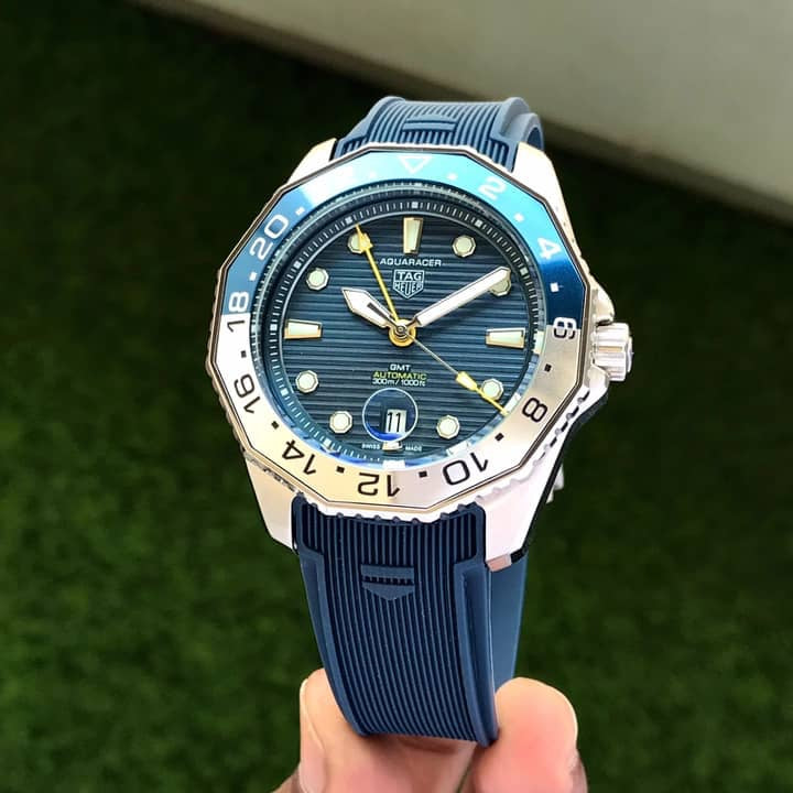 TAG Heuer Aquaracer Professional 300 GMT Blue Fiber Strap Automatic Mens Watch — zoomed view