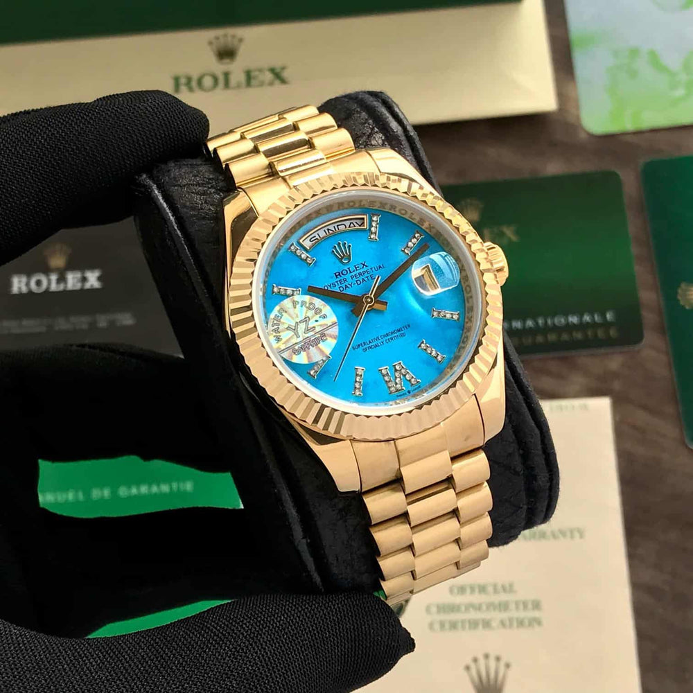 Rolex Day Date 40 Gold Tone Blue Dial Japanese Automatic Mens Watch