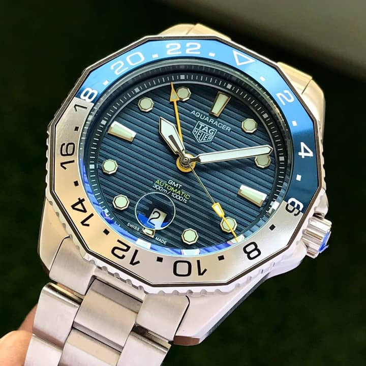 TAG Heuer Aquaracer Professional 300 GMT Blue Basel & Silver Chain Automatic Mens Watch