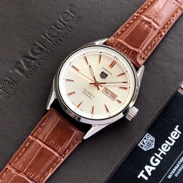 Tag Heuer Grand Carrera Calibre 5 Day Date White Copper Dial & Brown Leather Strap Swiss Japanese Automatic Machinery Mens Watch