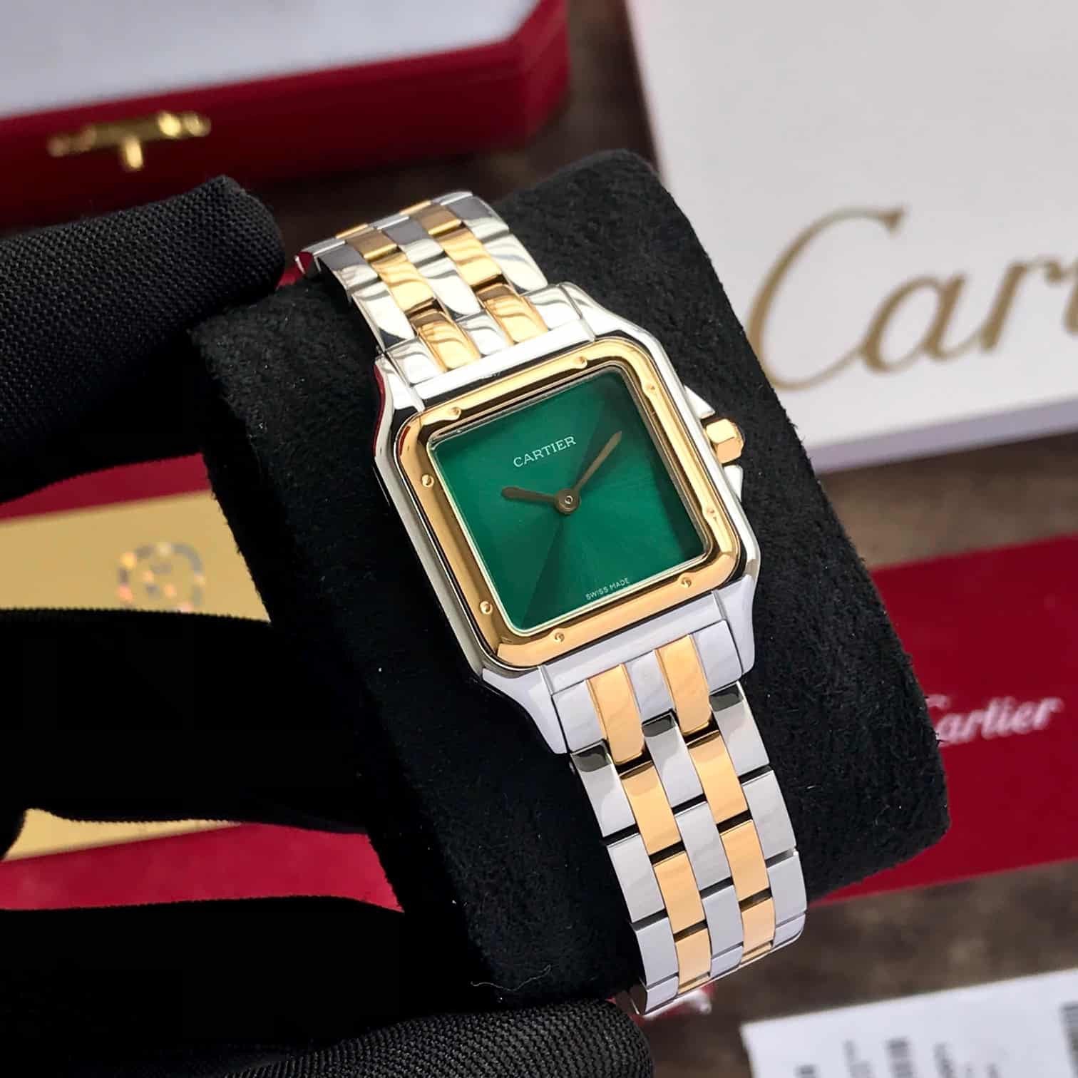 Cartier Santos De Premiums Two Tone Green Dial Women’s Watch — zoomed view