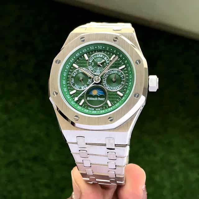 Audemars Piguet Perpetual Calendar Open Worked Silver Green Dial Automatic Mens Watch — zoomed view