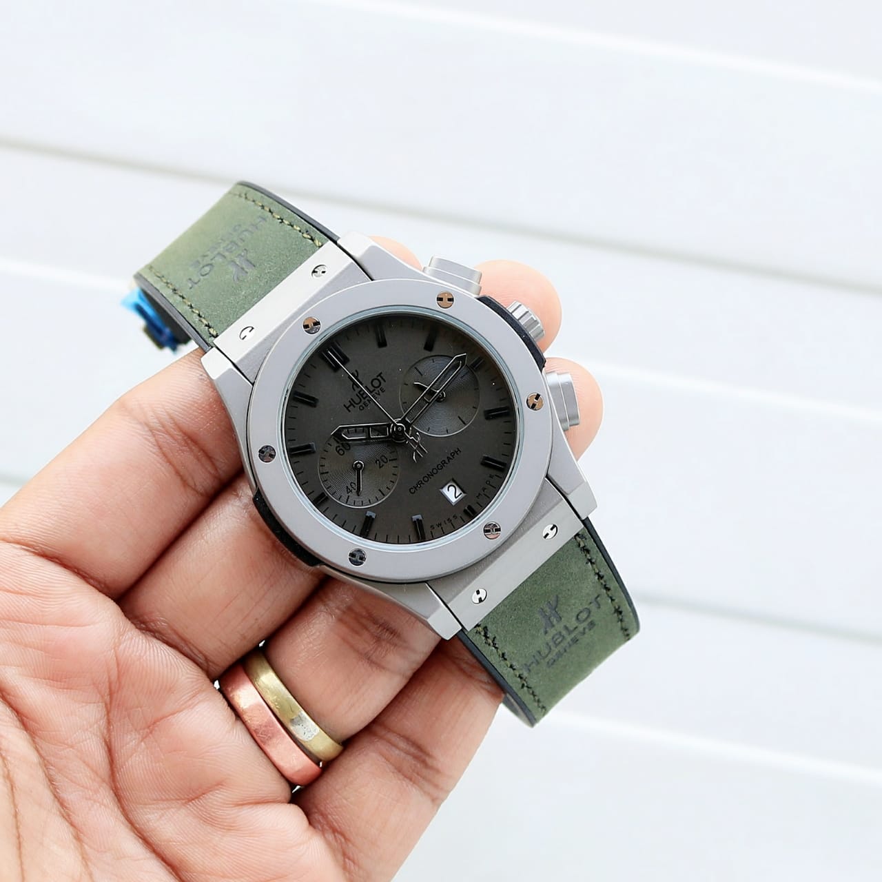 Hublot Big Bang Calendar Green Leather Strap Watch HBGS2 — zoomed view
