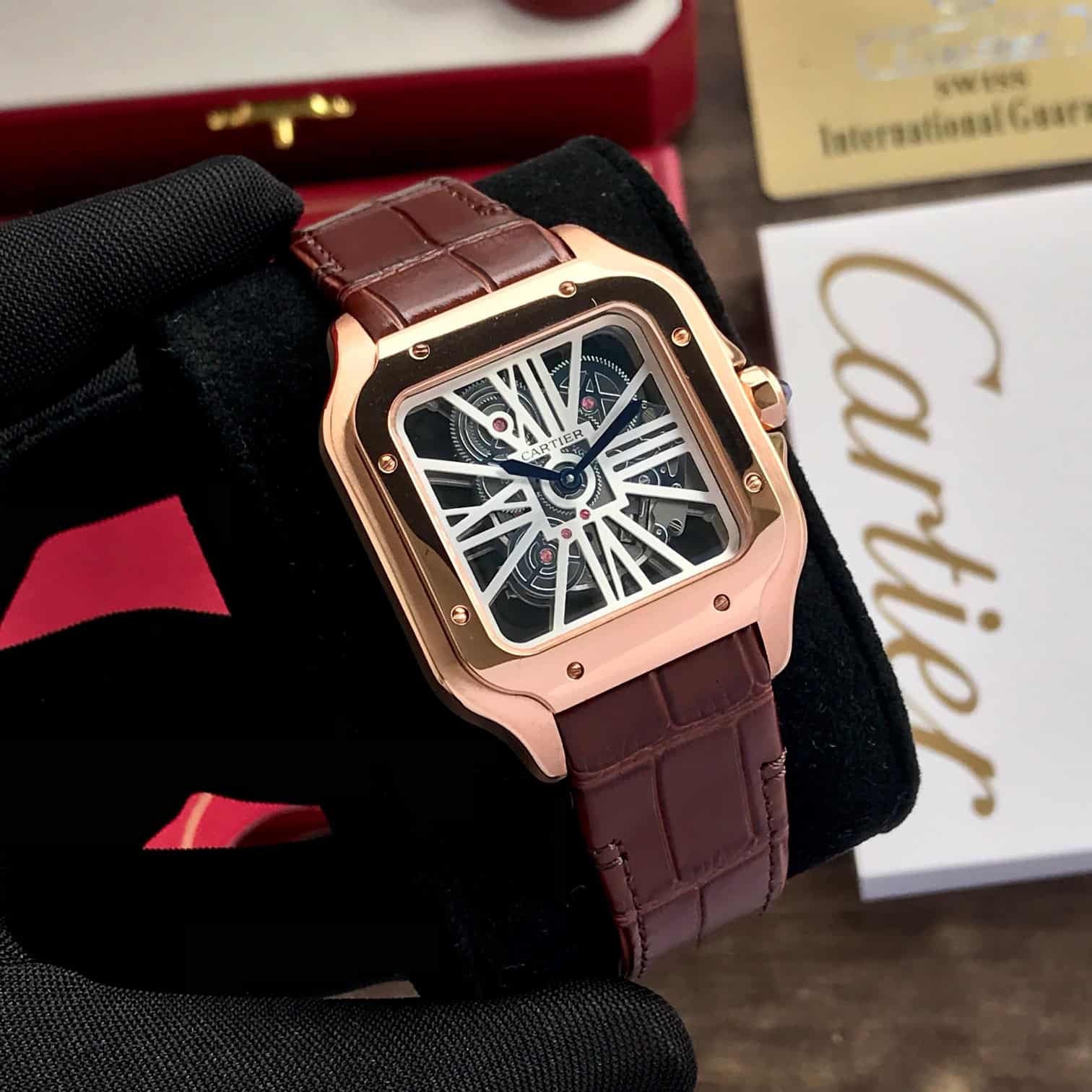 Cartier Santos De Skeleton Brown Leather Strap Automatic Mens Watch