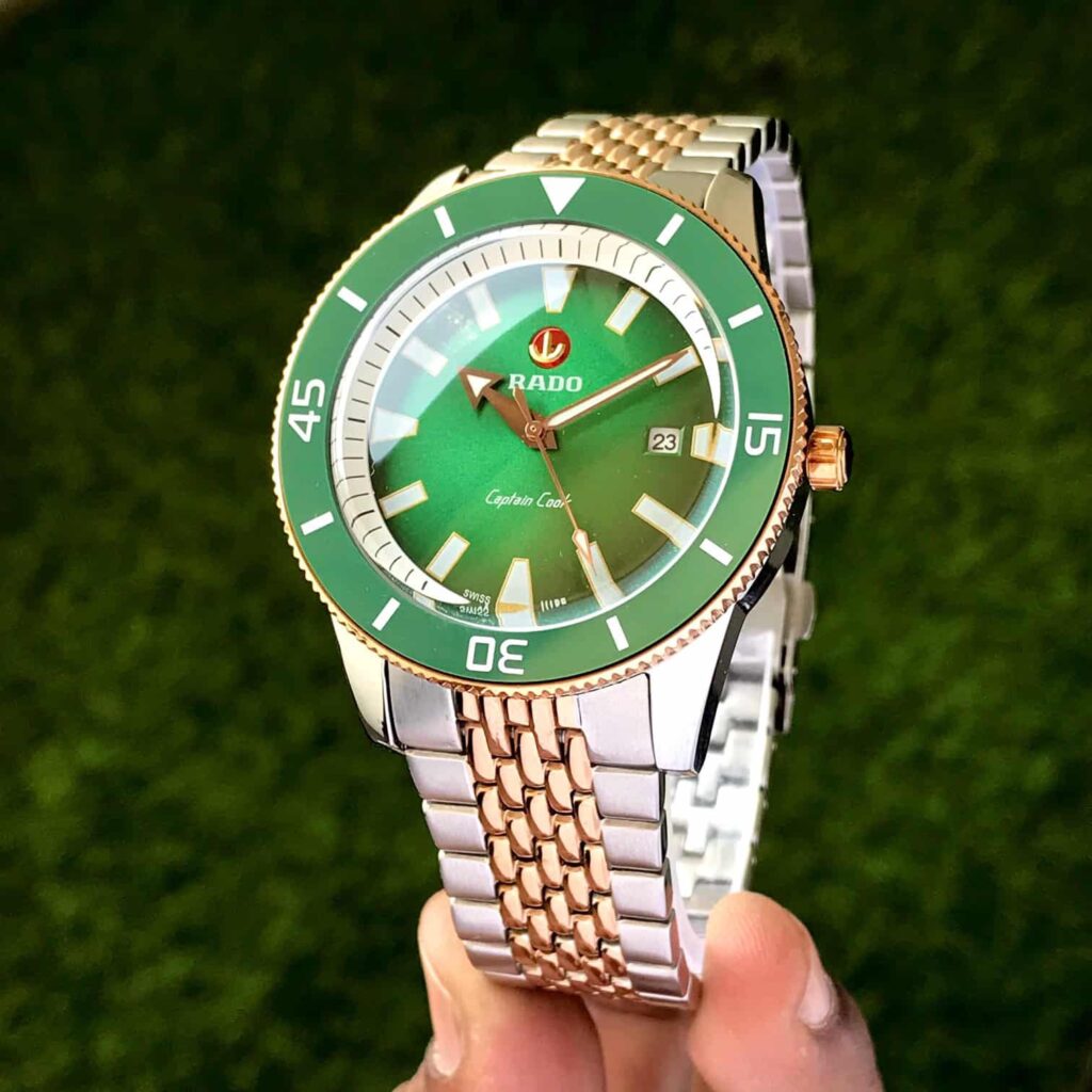 Rado Captain Cook Japanese Two Tone Green Dial Automatic Mens Watch — zoomed view